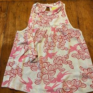 Pink Flirty Fun Top with Birds and Leaves, Cute Neck Tie -- Maeve Anthropologie